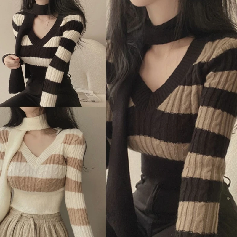 Women Knit Long Sleeve V-Neck Striped Bodycon Sweater Crop Top with Scarf Collar N7YE