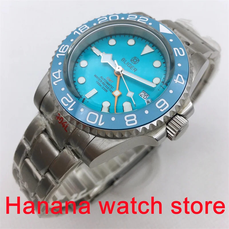 BLIGER NH34A(GMT) Watch 40mm Dome glass silver case  Luminous blue dial Snowflake hand ceramic bezel