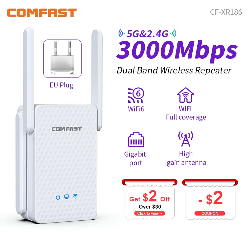 Comfast 3000Mbps WiFi 6 Repeater 2.4G และ 5GHz Dual Band Wireless Extender 802.11ax Full Gigabit Port สําหรับโฮมออฟฟิศ CF-XR186