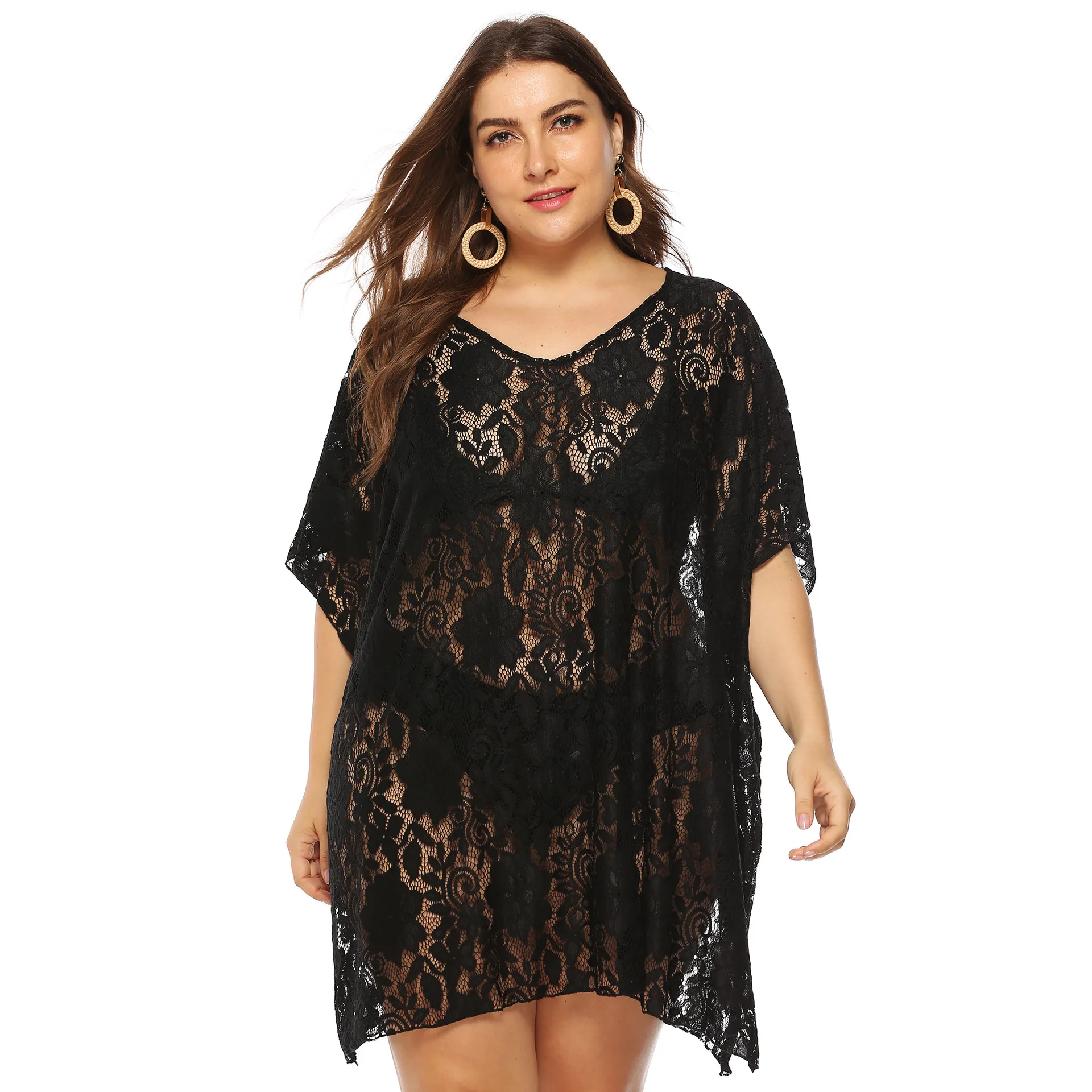 3XL Plus Size Beach Dress for Women Black Large Split Beachwear Sexy Lace Floral Luxury Tunic Outlet Bikini Cover Up 2XL XL Pink