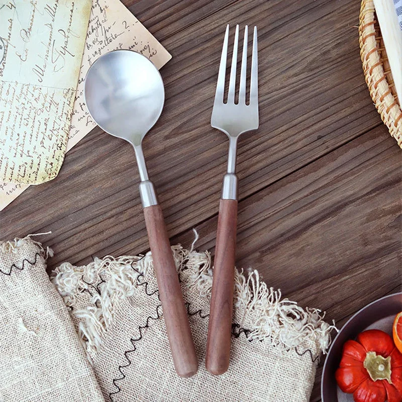 304 Stainless Steel Cutlery Walnut Wood Handle Knife Fork Spoon Dinnerware Western Tableware Set Kitchen Supplies