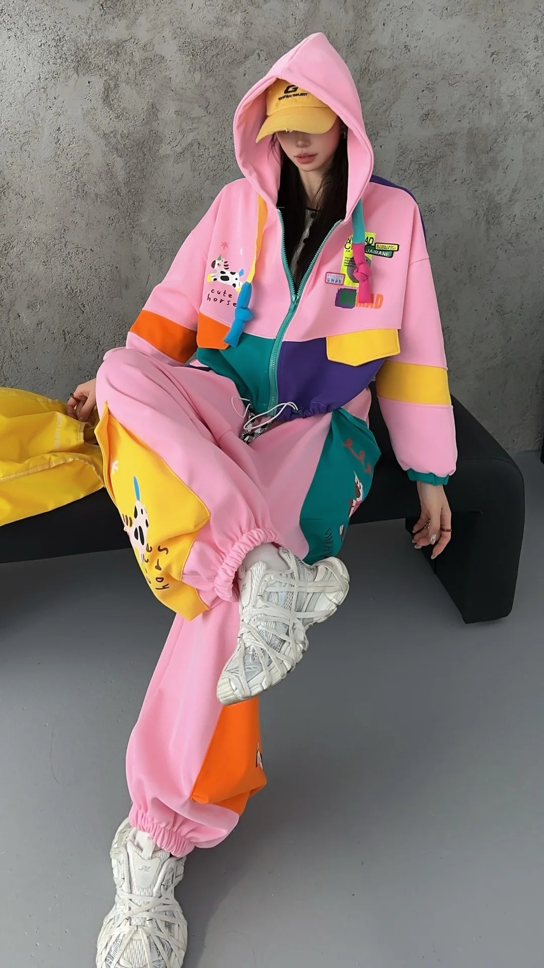 Multicolour Patchwork Hooded Sweatshirt and Sweatpants 2 Pieces Sets Women Outfits Casual Oversized Cargo Pants Sets Y2k Bust132
