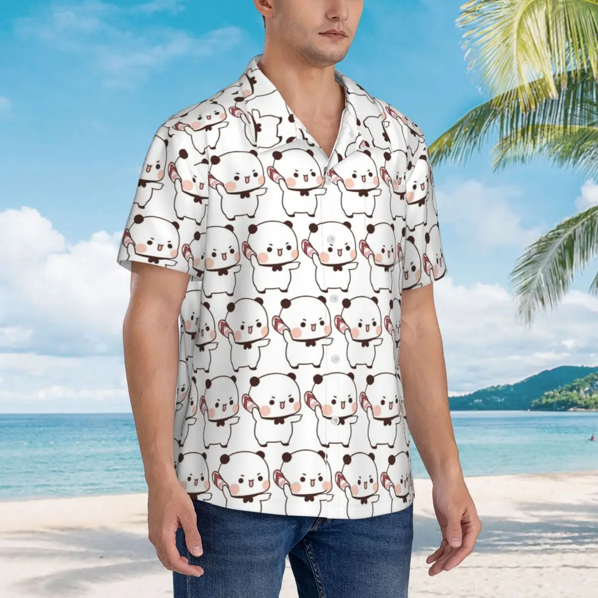 Niedliches Bubu-Wildlederhemd mit Flip-Flops-Motiv für Herren – Modisches Kurzarmhemd für den Sommerstrand – Herren-Reversoberteil