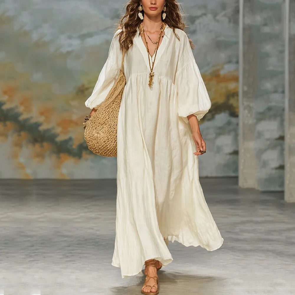 Vestido Midi de Mujer en Imitación de Mezclilla con Malla, Cuello Solapa, Mangas Largas Abullonadas Transparentes, Corte Ajustado, Volantes Asimétricos, Bajo Asimétrico, Estilo Urbano para Fiestas