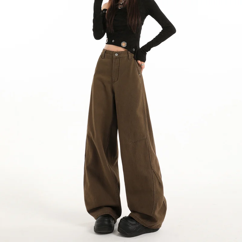 

Женские джинсы 2026 года, весенняя коллекция, коричневые, в американском ретро-стиле, с высокой талией, свободные, прямые, широкие, в пол.