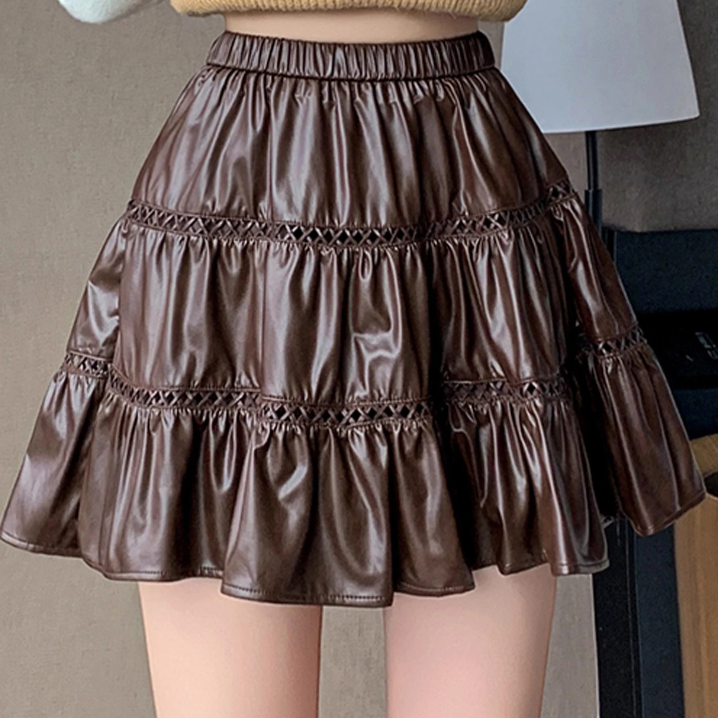 

Fashion Women Hollow Out PU Leather Skirt High Waist Slim Fit Mini Skirt