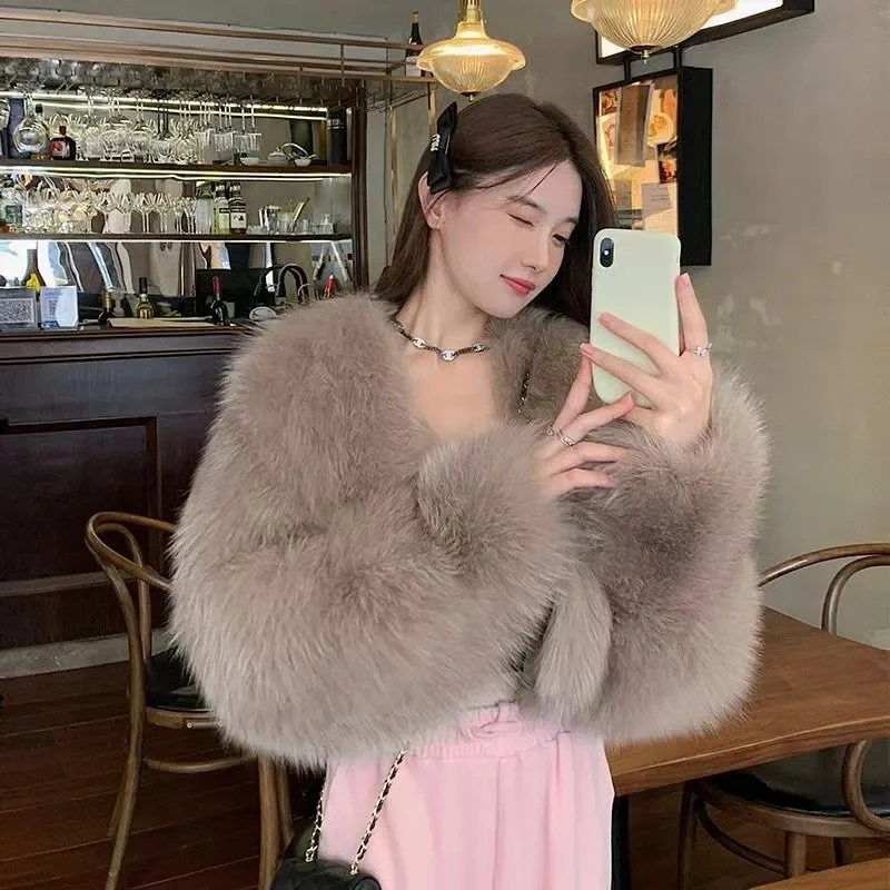 

Female Faux Fur Jacket Coat Autumn Winter Women Fashion Short Plush Overcoat Ladies Long Sleeves Imitation Fox Fur Jacket