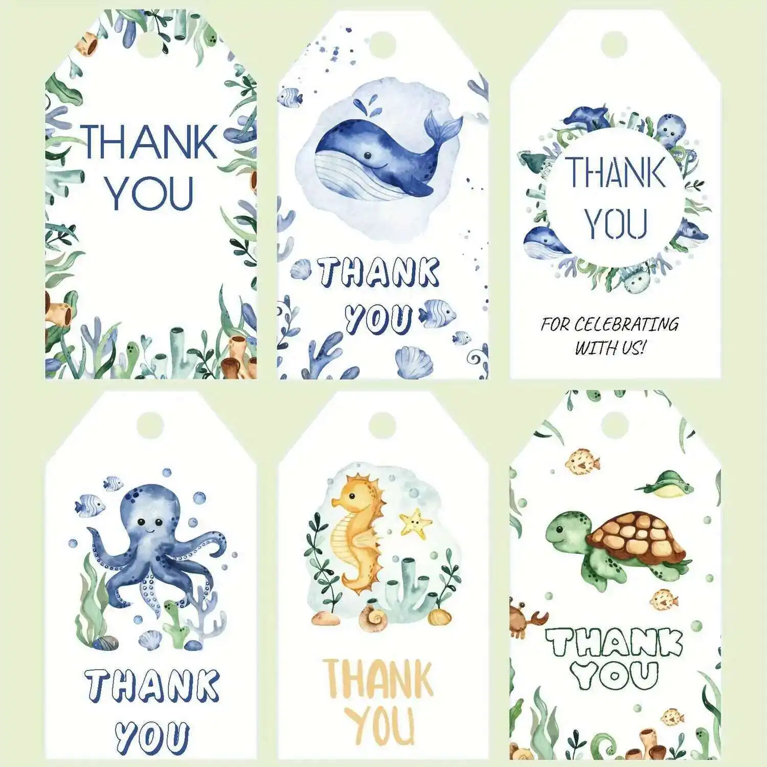 

60Pcs Cartoon Ocean Animal Paper Tags Thank You Hanging Labels For Under The Sea Happy Birthday Party DIY Gifts Wrapping Supply