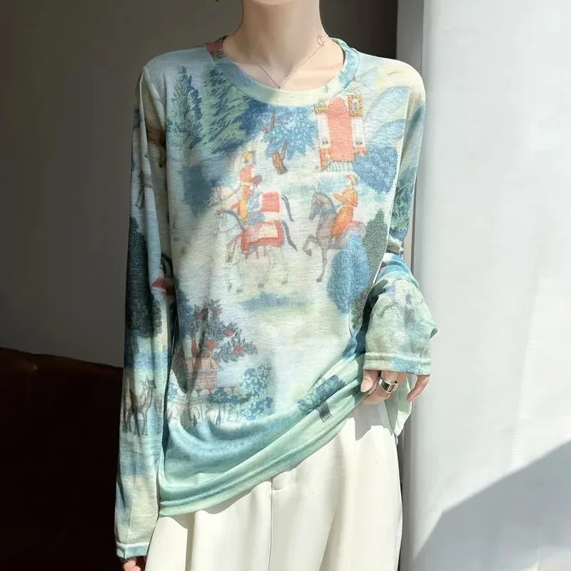 Women Crew Neck Vintage Figure Print Long Sleeve Top Thin Tencel Knit Casual Inner Blouse For Summer