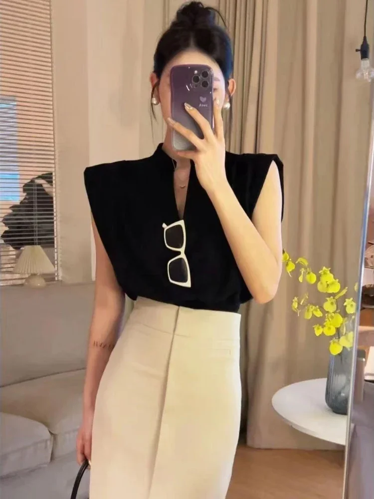 

T-shirts Women Elegant Office Ladies Sleeveless Clothes Solid Comfortable Chic Cozy V-neck Temperament Casual Harajuku Summer