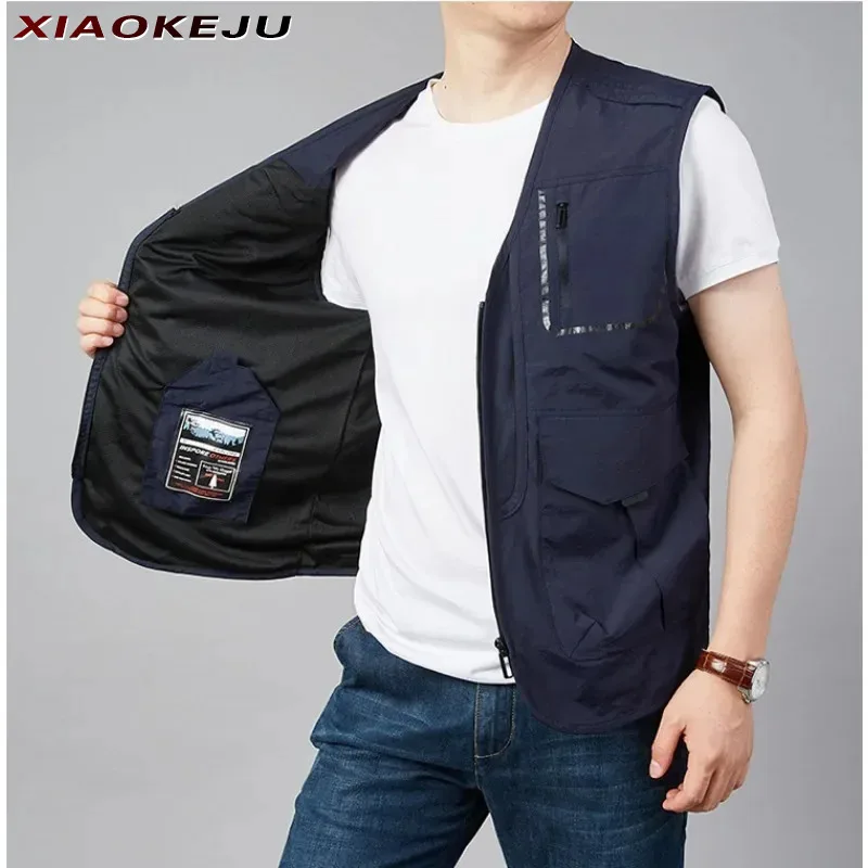 

Leather Windbreaker Fishing Vests for Men Vest Work Sleeveless Hunting Waterproof Jacket Camping Plus Size Outerwear MAN Utility