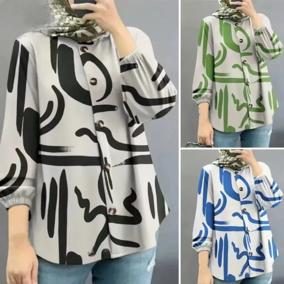 Women Eid Muslim Abaya Button Blouse Printed Shirt Turkey Abayas Loose Tops Caftan Islamic Dubai Kaftan Islam Ramadan Morocco