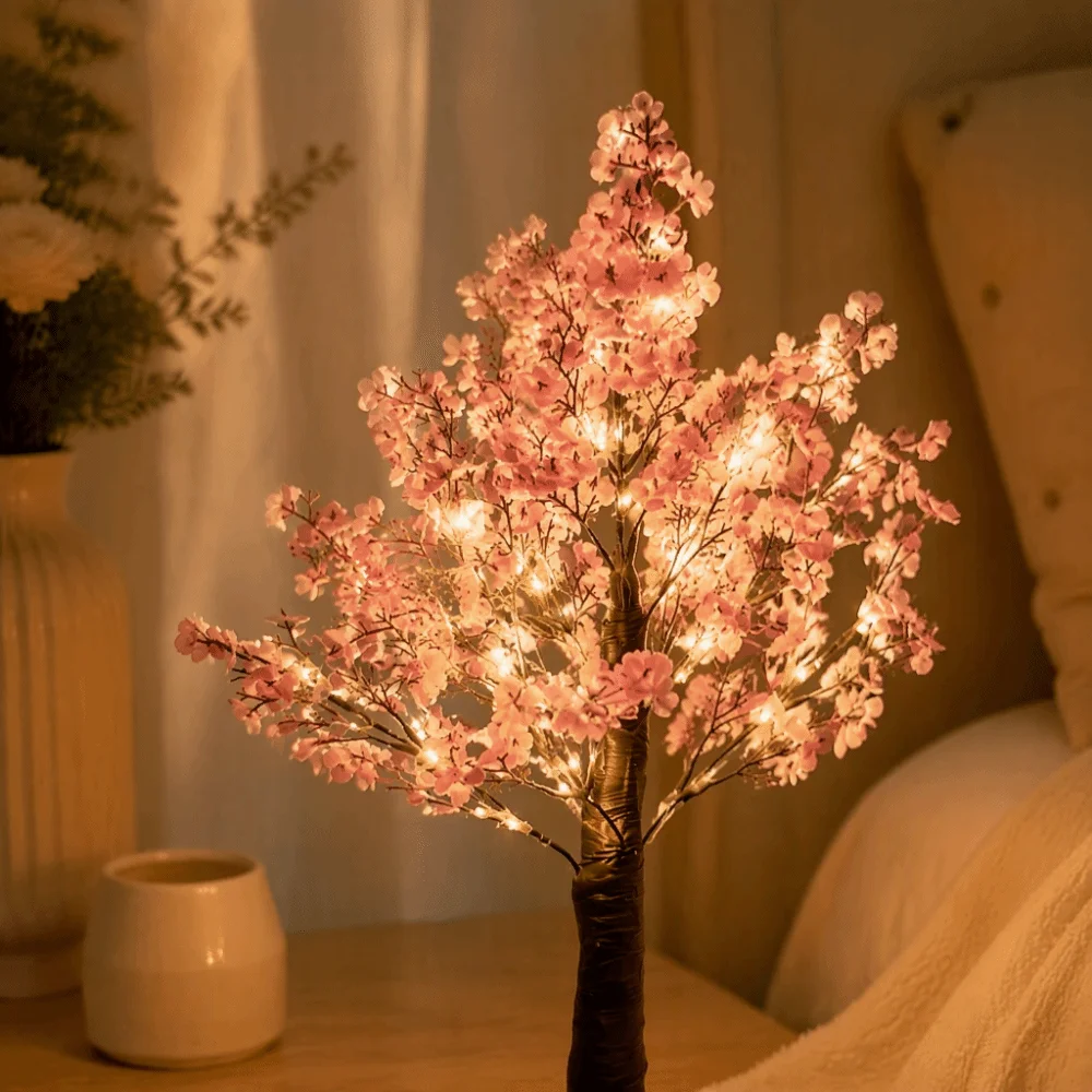 Pink Tree Light Artificial Romantic Ambience Night Light Simulation Flower Tabletop Decorative Flower Decor Tree Home Decoration