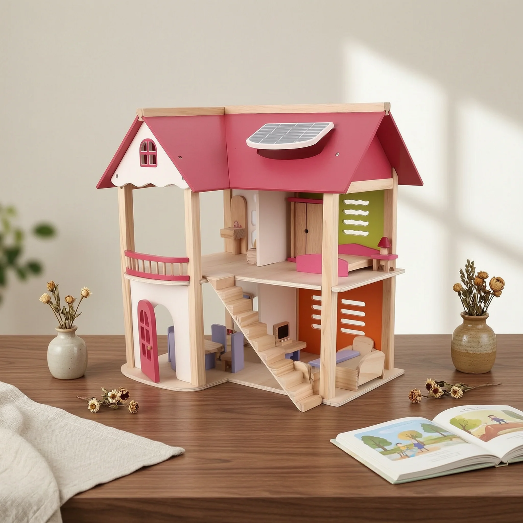

Wooden Dollhouse Multi-Level Mini Indoor Playhouse Kids Toy Window Cutouts for Children