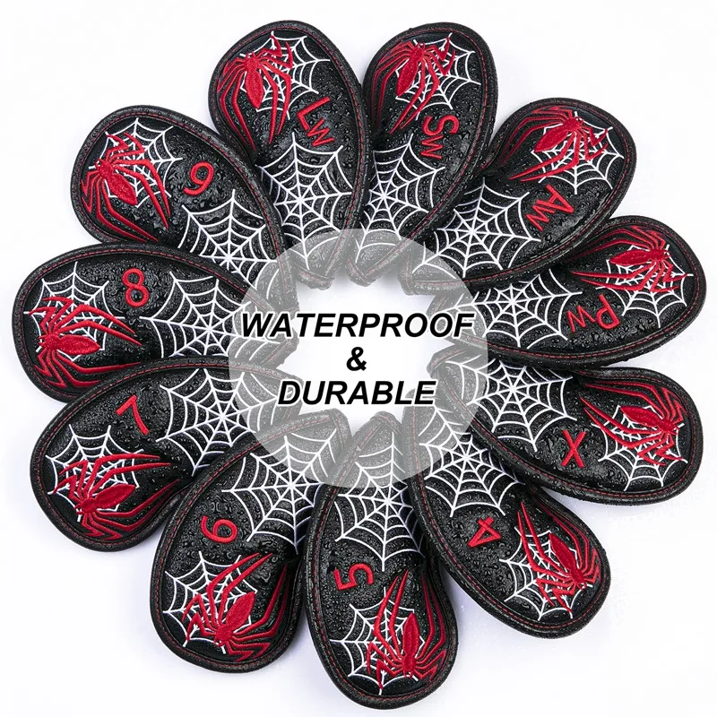 ELOS-Golf Iron Head Cover Set With Spider Web Design, Black Synthetic Leather Wedge Headcovers With Skeleton (11Pcs/Lot)