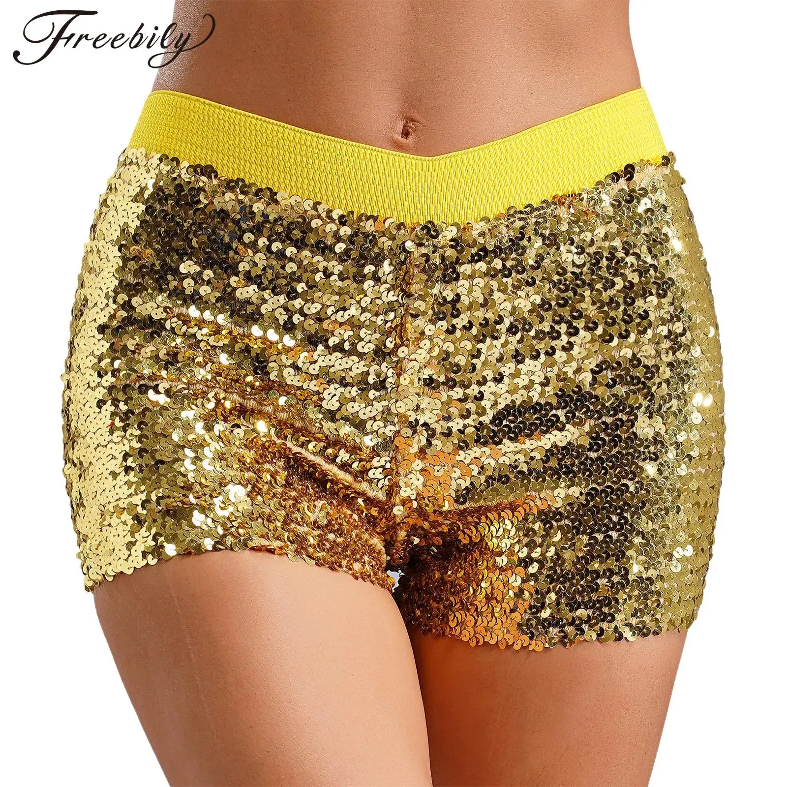 Moda damska błyszczące cekinowe spodenki Booty elastyczny pas rozciągliwe spodenki Clubwear gorące spodnie do klubu tanecznego na rurze kostium imprezowy