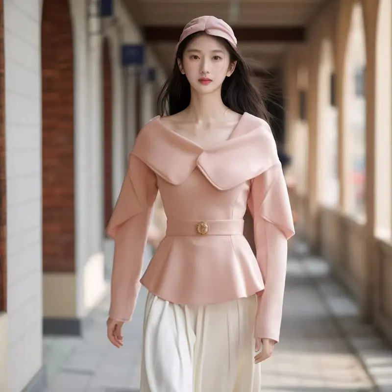 Pink Long Sleeve Ruffles Shirt with High-end Feel Women Shirts Tops Mujer Office Lady Korean Fashion Gentle Elegant Pullover Top