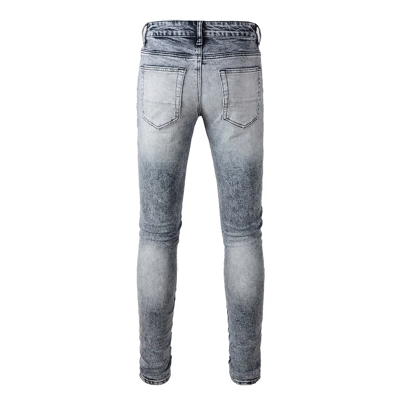 High Street DistMurcia-Jean en cuir PU noir pour homme, trous de patchwork, patchs plissés minces commandés, jean en denim gris lavé et déchiré