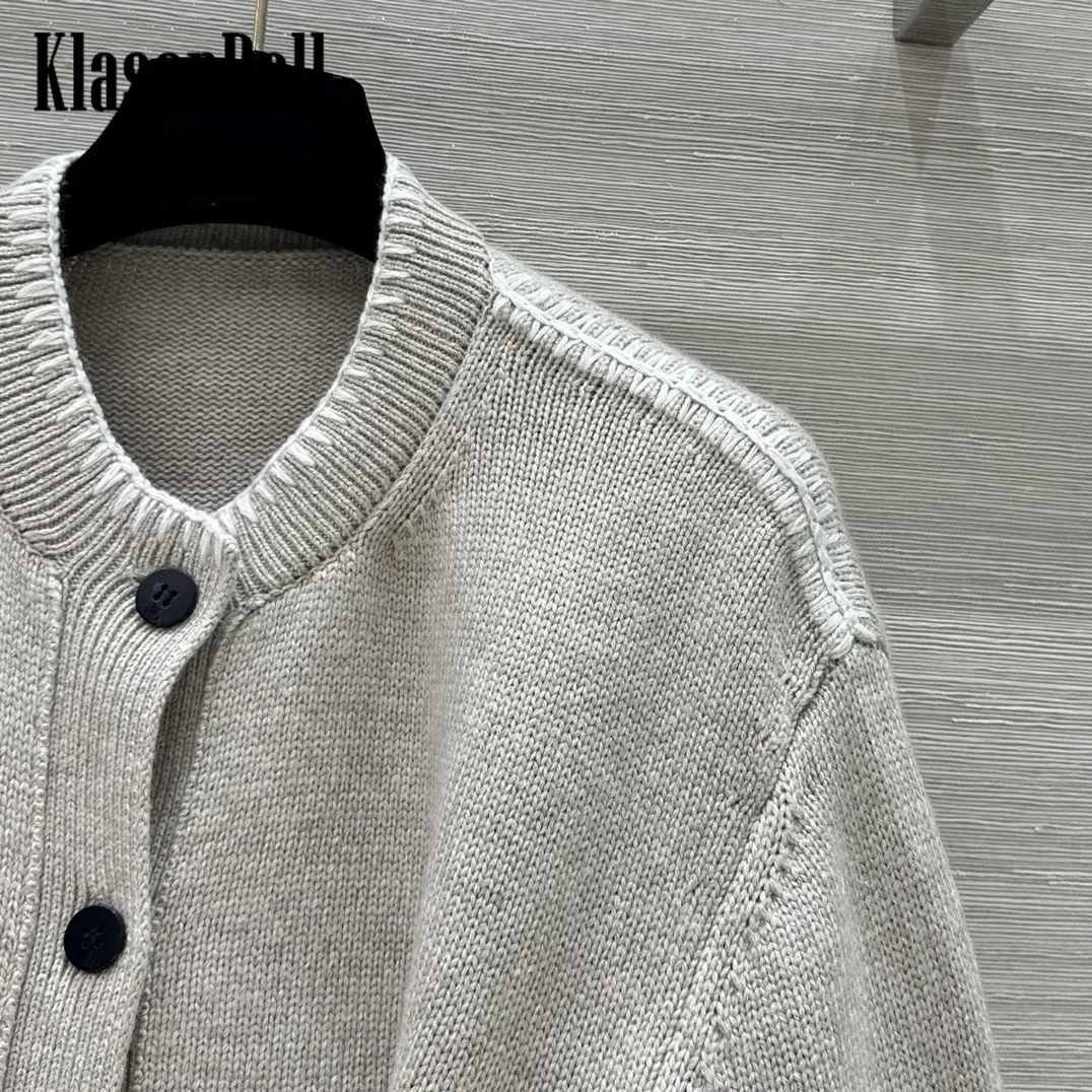 8.24 KlasonBell Women Classic Hand Stitched Embroidery Decoration Wool Cashmere Knit Simple Loose O-Neck Single Breasted Coat