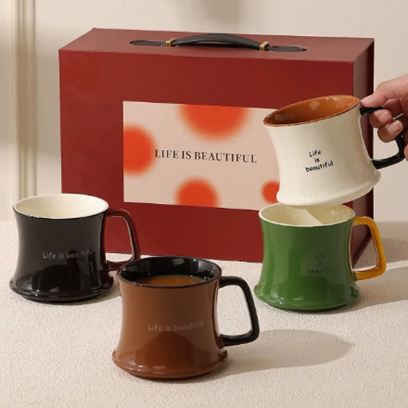 Creative Ceramic Mug Arc Shape Letter Pattern Underglaze Color Process Contrast Color Handle 300ml Capacity Personalized Cups
