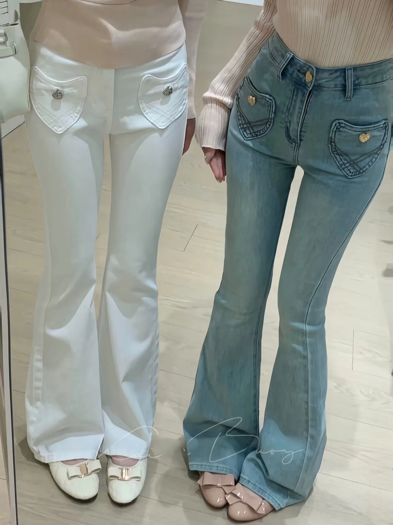 

High Waist Slim Fit Blue Jeans Women's Pocket Heart Design Versatile Micro Flare Long Pants Spring Fashion Ladies Denim