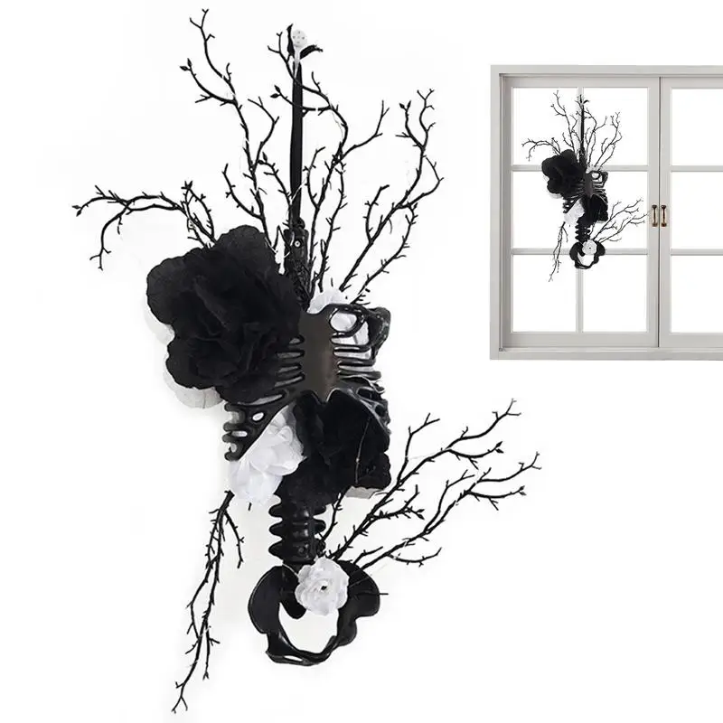 

Halloween Skeleton Wreath Decorative Porch Wreath White Black Flower Hangable Decor With String Lights For Halloween Decorations