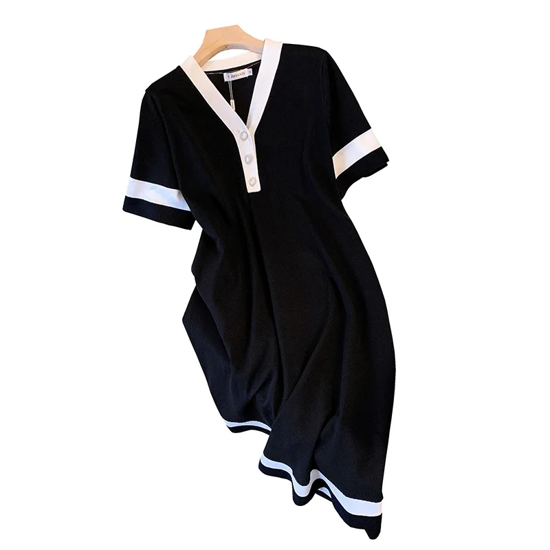 155Kg Plus Size Women\'s Bust 160 Summer Loose Ice Silk Knitted V-Neck Short Sleeve Dress Black 5XL 6XL 7XL 8XL 9XL 10XL