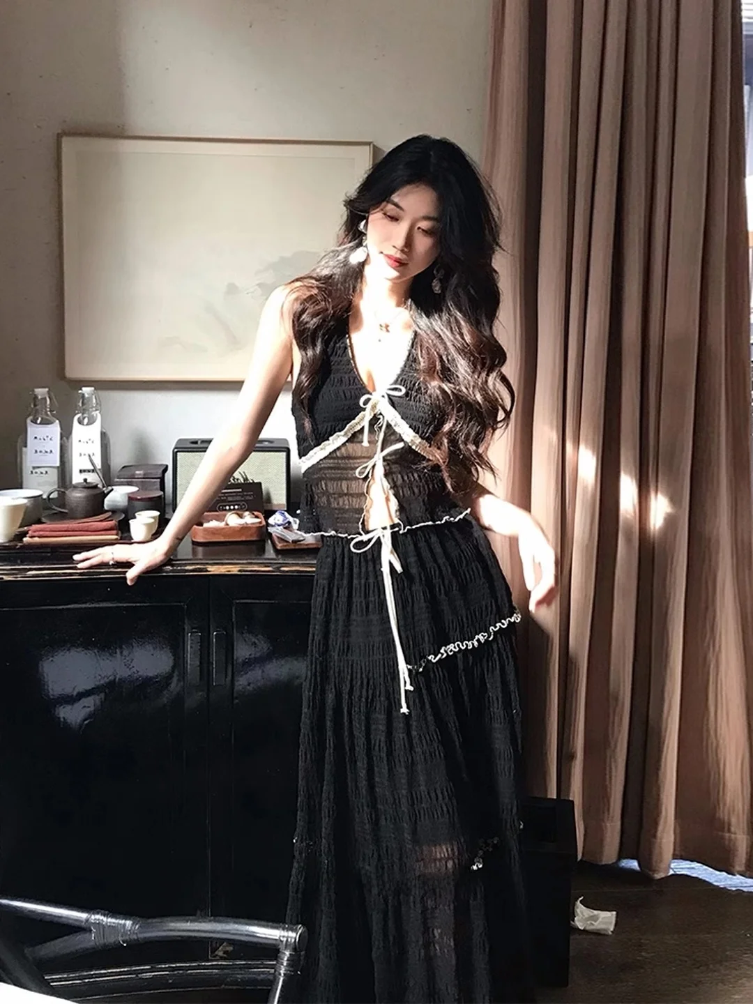 

V-Ne ter Ne Two-Piece Set Chic Sweet Spicy Sle Beach Vaion Skirt Bla Skirt Mid-Rise Waist Pure Color