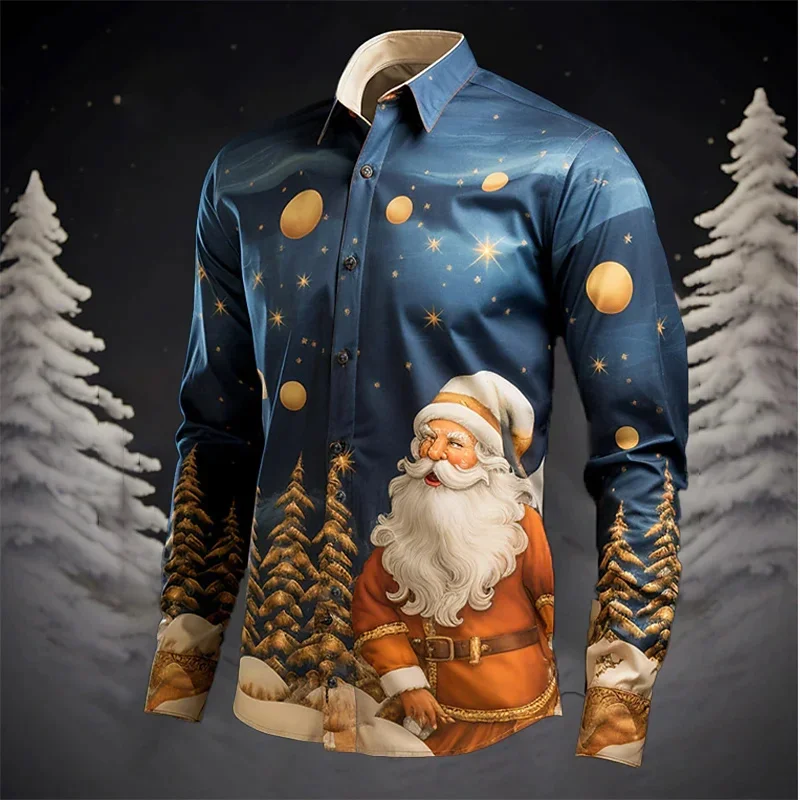 Santa Claus Christmas Tree Casual Men\'s Shirt Christmas Autumn and Winter Long Sleeve XS-6XL Four-way Stretch Fabric Shirt