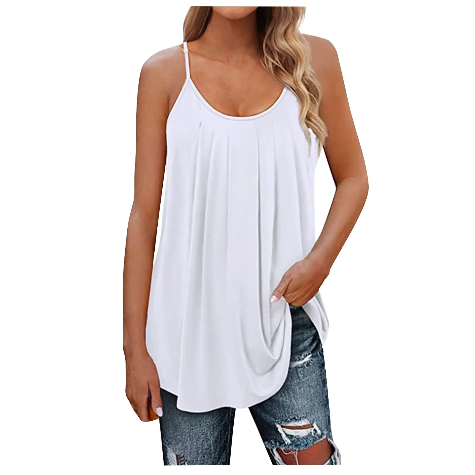 Women Casual Loose Shirts Spaghetti Strap Sleeveless Print Cute Tops Camisole Tee Tank Traf 2024 Mujer Sleeveless T-Shirt