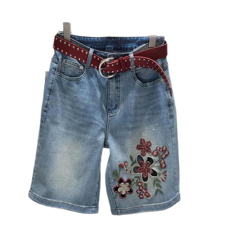 ANJY Spring Summer New Women Vintage Embroidered Diamonds Design Washed Denim Shorts Distressed Hollow Out Stylish Jeans A24676