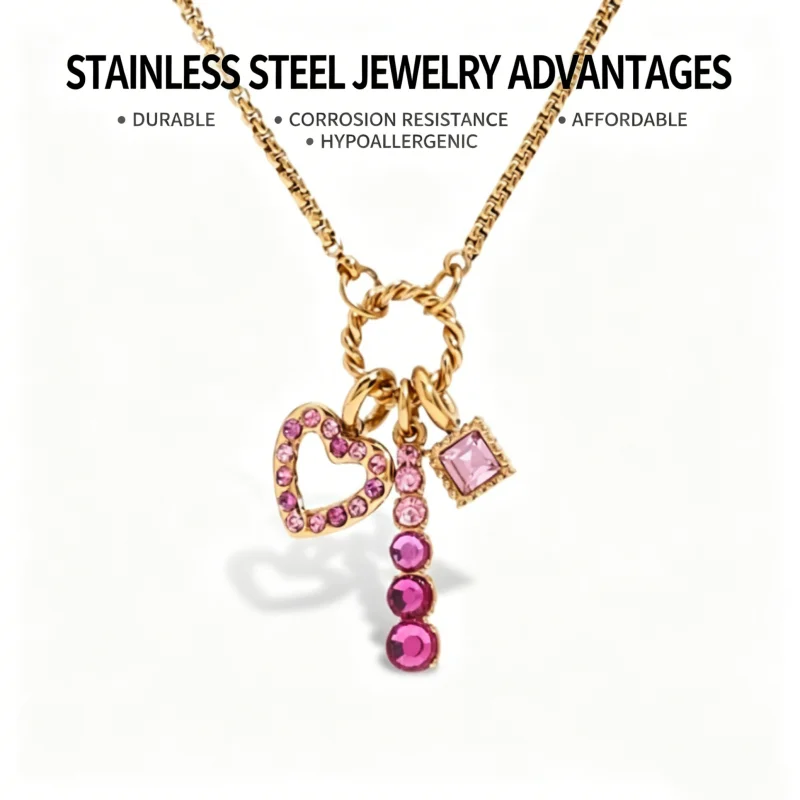 

Pink Hollow Heart Zircon Pendant Necklace Stainless Steel Delicate Jewelry 18k Gold Pink Crystal Charm Women Thin Chain Jewelry