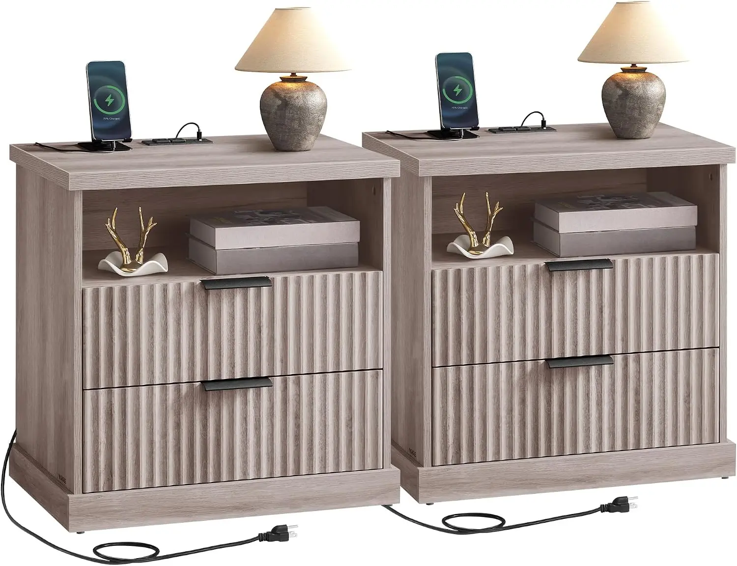 MAXE Collection - Set of 2 Nightstands with Charging Station, Fluted Night Stand, Bedside Table, Mid Century Modern Side End