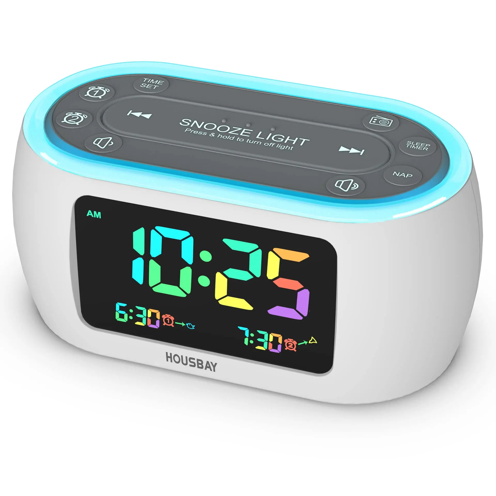 Dual Alarm Clock for Bedroom, Night Light, Dimmer, USB Charger, Battery Standby, Timer, FM Radio, 7 Colors