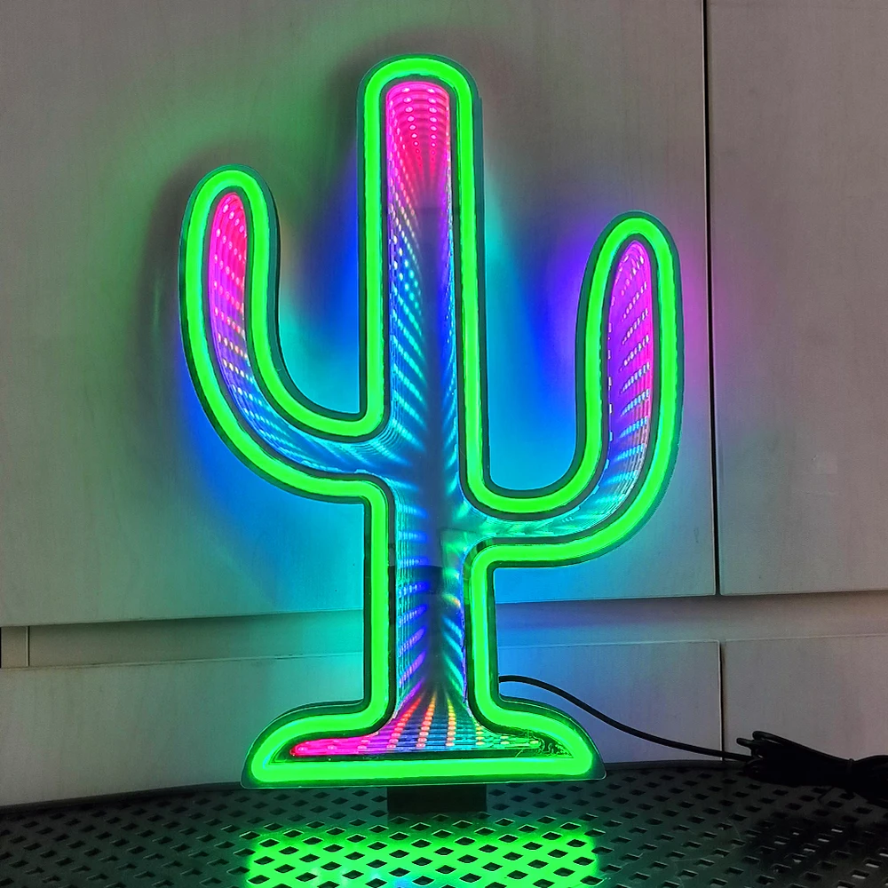 

3D Cactus Tunnel Mirror Neon Light Art Logo, LED Color Changing Mirror Suitable for Home and Children's Room Decoration (Cactus)