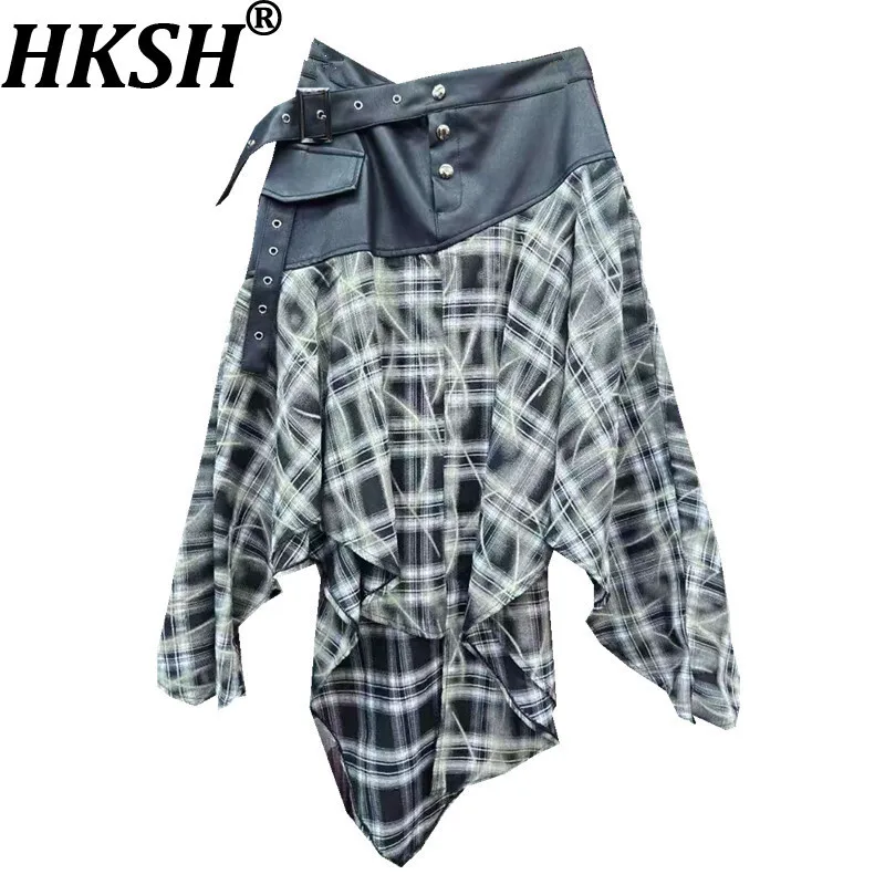 

HKSH новая женская модная короткая юбка нишевого дизайна из искусственной кожи в стиле пэчворк в клетку асимметричный дизайн уличная одежда стильные юбки HK10382