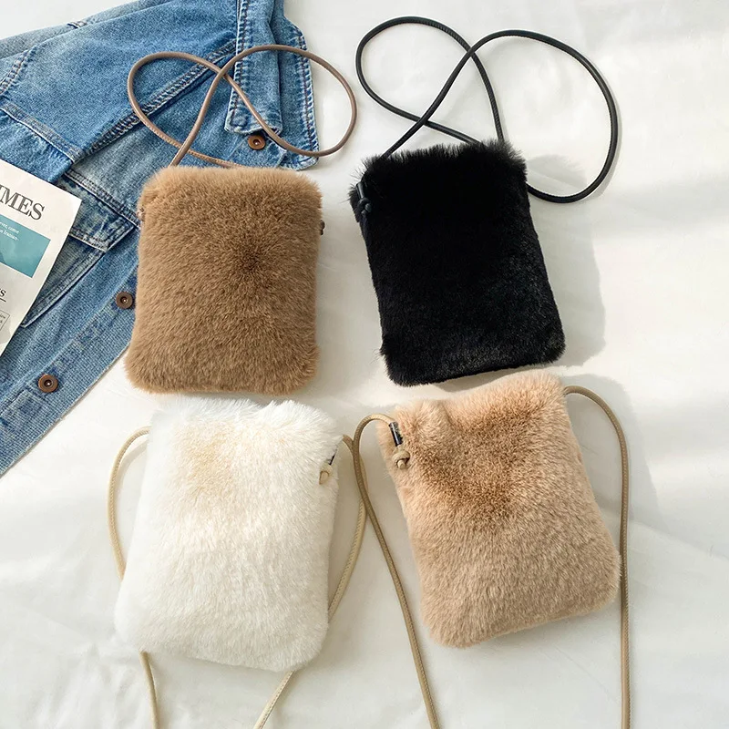 Autumn and winter female bag niche simple cute plush bag single shoulder crossbody rabbit hair makeup bag mobile phone bag