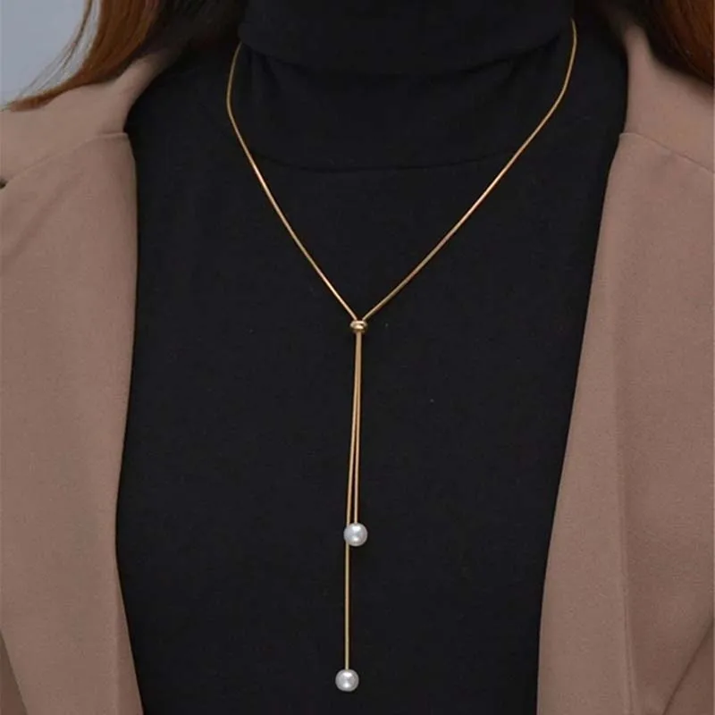 Fashion Silver Color Long Tassel Pull Pearl Pendant Necklaces for Women Simple Adjustable Clavicle Chain Choker Jewelry Gift image 3