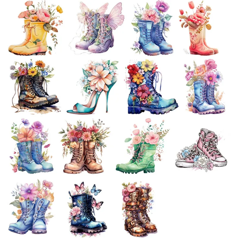 15 styles Fun boot flower arrangement DTF Sticker Heat Transfer lady Clothes Ironing on DIY Fashion T-Shirt Washable Vinyl Patch