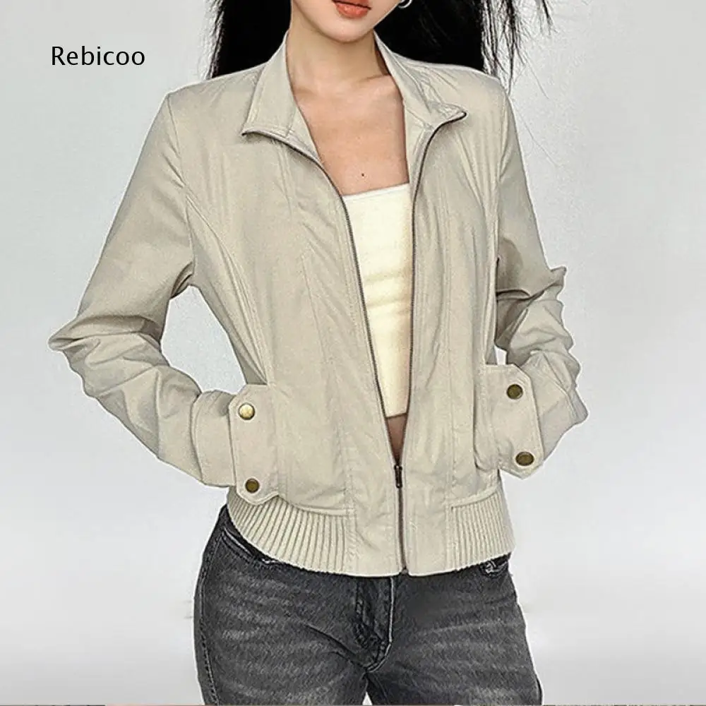 Stand Collar Zip Front Cropped Bomber Outerwear For Women Ribbed Hem Snap Accent Side Pockets Relaxed Streetwear Jacket