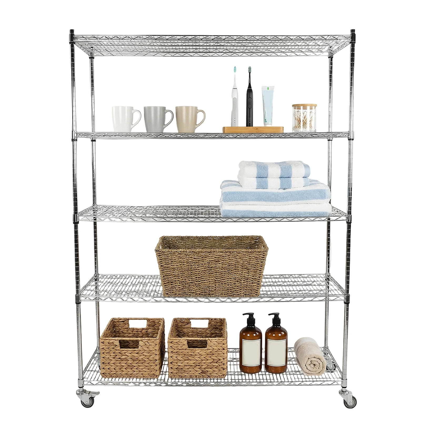 

5-ярусный металлический стеллаж из нержавеющей стали на колесах с проволочными полками и вкладышами для хранения для ресторана, гаража, кладовой, кухни