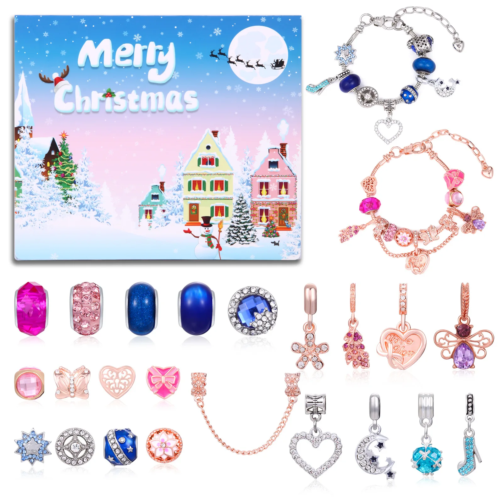 Set Gelang manik-manik Diy kreatif hadiah Natal hitung mundur kalender kedatangan 24 hari kartun lucu baru mainan anak perempuan kotak Natal impian