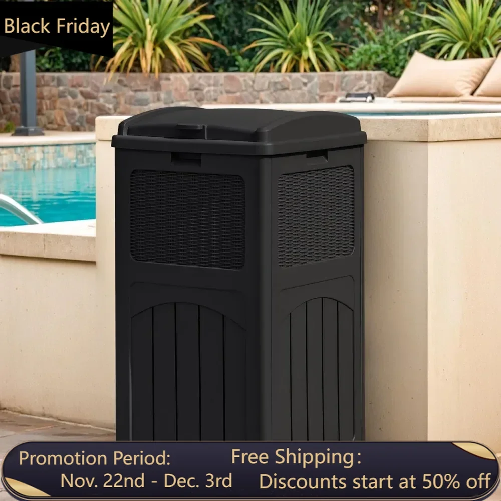 33 gallon outdoor trash can with lid, waterproof resin trash can, used for concealed areas, decks, terraces, black