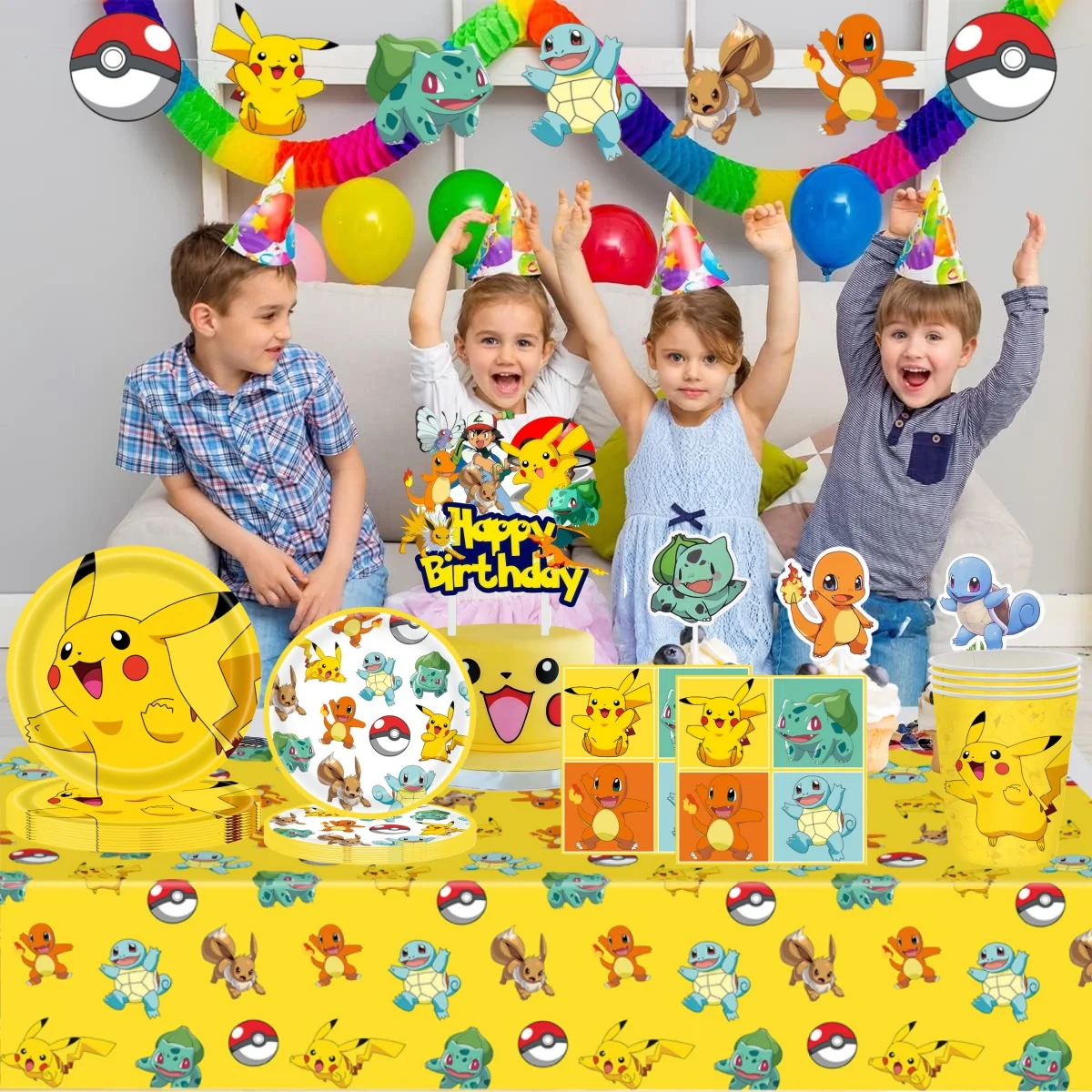 البوكيمون حفلة عيد ميلاد الديكور أدوات المائدة البوكيمون خلفية مفرش المائدة كأس لوحة كعكة توبر استحمام الطفل بيكاتشو حفلة الحسنات #2