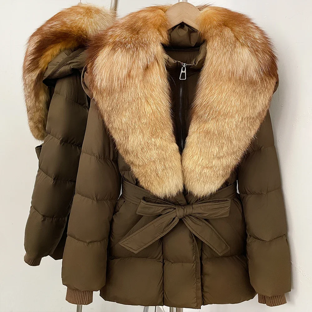 OFTBUY Große Jacke mit Kapuze und natürlichem Pelzkragen, mit echtem Fell, dicker Gürtel, Reißverschluss, Daunenjacke, Damen-Wintermantel – Detail 22