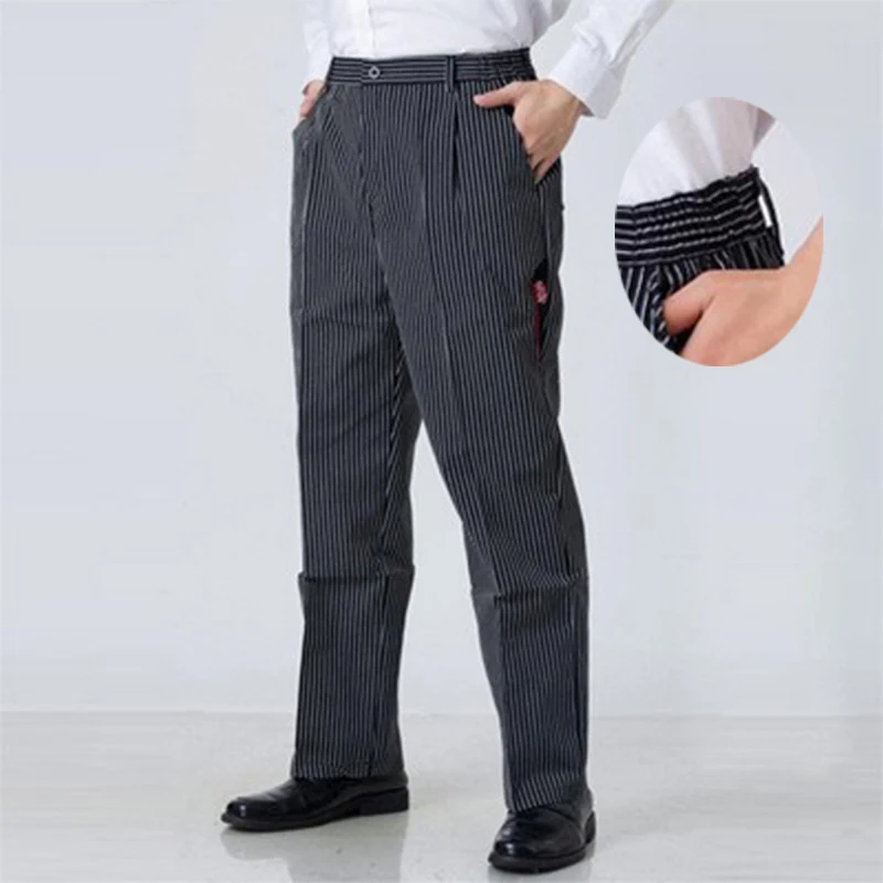 Men's Loose Chef Trousers Restaurant Men's Kitchen Pants Hotel Catering Half Elastic Waist Work Pant Bar Waiter Stripe Work Pant