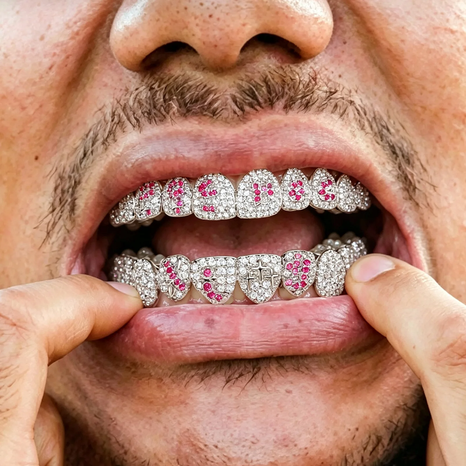 Pink CZ Iced Out Grillz Teeth Set Upper Lower Tooth Cap Full Rhinestone Mouth Jewelry Hip Hop Rapper Bling Fashion Accessory