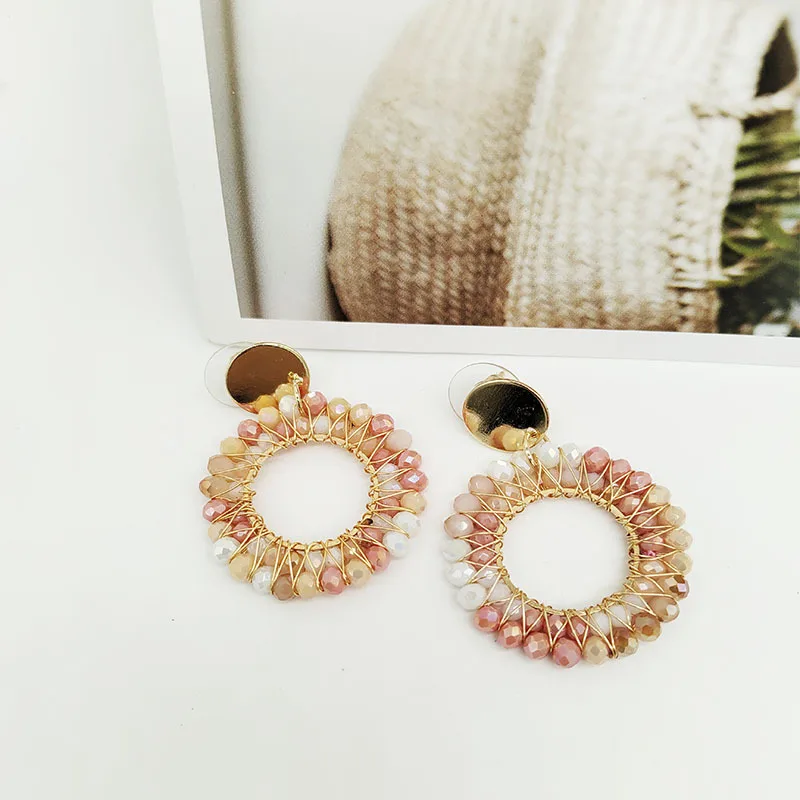 Beaded earrings Circle Retro  Crystal Originality Double-deck Hand knitting Bohemia Alloy Tide Simple Rice bead earrings