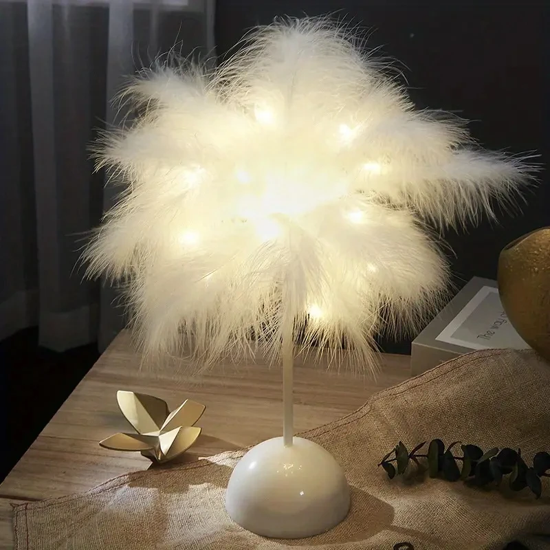 1PC Feather Design LED Table Lamp for Kids - Battery-Powered, Portable & Ideal Bedroom Decor for All Occasions