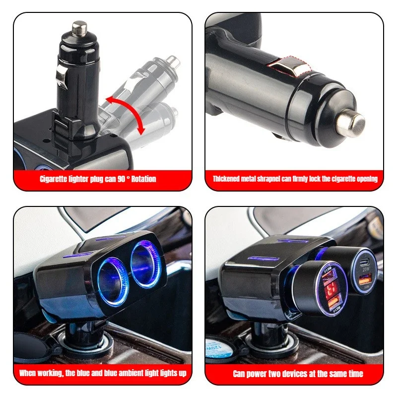 1 قطعة سيارة جديدة نقطة واحدة اثنين شاحن سيارة ولاعة السجائر نقطة واحدة اثنين شاحن سيارة متعدد الوظائف يمكن تعديلها 90 درجة